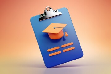 Fototapete - A blue clipboard with an orange graduation cap  symbolizing education and application forms