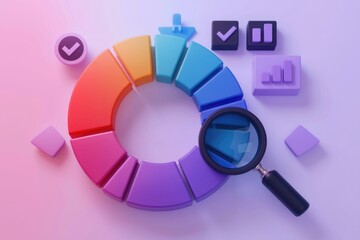 Poster - Colorful pie chart analyzed with magnifying glass for data insights.
