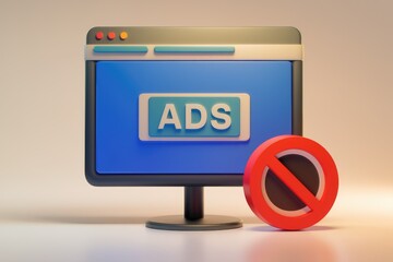 Fototapete - Computer screen shows 'ADS' with red prohibition sign  ad blocking.