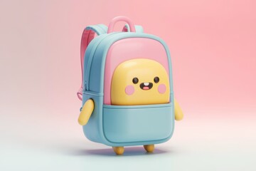 Poster - A cute  cartoon backpack with a cheerful face  3D rendered in pastel colors
