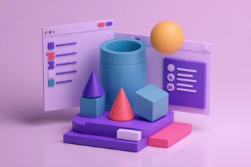 Aufkleber - 3D render of colorful geometric shapes and UI elements on a purple background