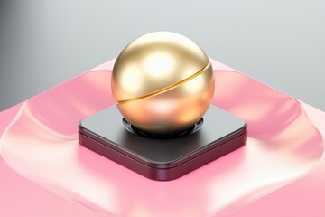 Aufkleber - A gold sphere  seemingly split  rests on a sleek black square base atop a pink platform