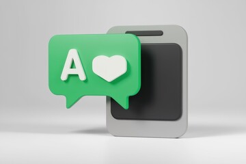 Leinwandbilder - 3D render of a smartphone with a green notification bubble showing a letter A and a heart