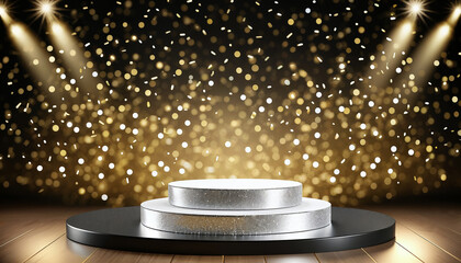 Wall Mural - empty podium for rewards on black background with silver and golden bokeh lights and sparkles