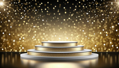 Wall Mural - empty podium for rewards on black background with silver and golden bokeh lights and sparkles