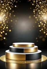 Wall Mural - empty podium for rewards on black background with silver and golden bokeh lights and sparkles