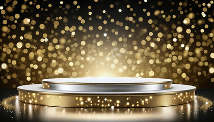Wall Mural - empty podium for rewards on black background with silver and golden bokeh lights and sparkles