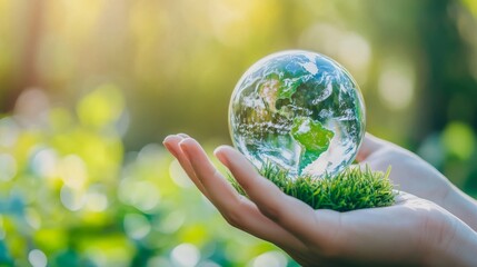 Person Holding a Glass Globe Depicting Earth Surrounded by Green Grass in Nature, Symbolizing Environmental Protection and Sustainability Concept