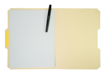 Wall Mural - open manilla file folder with blank pages, blank label and pen