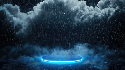 Wall Mural - abstract dark background with illuminated round blue platform in the center, empty space around, black clouds and rain falling from above, glowing light particles floating in air