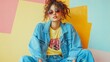 © Enggal Pitoyo - Cool girl in denim jacket and sunglasses against colorful background.