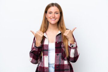 Wall Mural - Young caucasian woman isolated on white background with thumbs up gesture and smiling