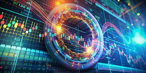 Wall Mural - Double Exposure Animation of a Torus Chart with Abstract Data and Random Numbers, Conceptualizing Financial Business and Stock Market Analysis in a 3D Rendered Space