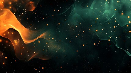 Wall Mural - Dark green, orange, and black gradient background with glowing vibrant shapes, noise texture for poster or wallpaper design