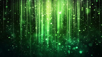 Abstract background with green neon lines streaming downward, glowing particles creating a futuristic digital wallpaper