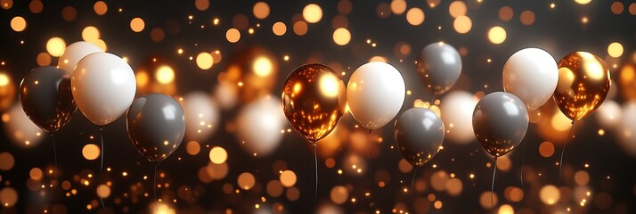 Wall Mural - Gold and Charcoal Balloons, Festive Celebration Banner with Golden Bokeh Effect on Black Background