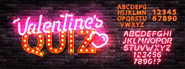 Wall Mural - vector neon sign of valentine's quiz with neon alphabet and billboards isolated on wall background.