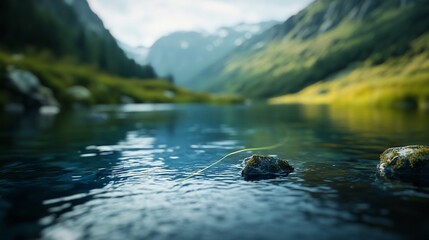 Sticker - Calm river flowing through a serene mountain valley.