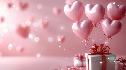 Poster - On a pink background, 3D heart shaped balloons fly with gift boxes. celebrate Valentine's Day on February 14. copy space.