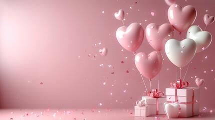Poster - On a pink background, 3D heart shaped balloons fly with gift boxes. celebrate Valentine's Day on February 14. copy space.