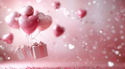 Poster - On a pink background, 3D heart shaped balloons fly with gift boxes. celebrate Valentine's Day on February 14. copy space.