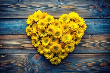 Poster - Heart Shaped Arrangement of Yellow Flowers on Rustic Wooden Surface. Generative AI