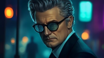 Wall Mural - stylish middle aged man in a suit with sleek gray hair and futuristic glasses set against a modern c