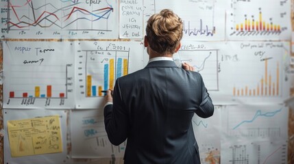 Poster - Mature businessman sketching growth strategy, analyzing economic trends for sustainable business development and organizational success.