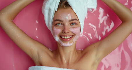 Canvas Print - Happy woman singing in bathroom, towel on head, face cream on cheeks, pink bathroom.