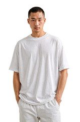 A man standing in front of a white wall wearing a white t-shirt.