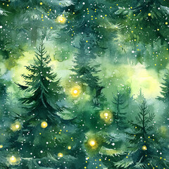 Wall Mural - Seamless pattern magical forest with Christmas trees glowing lights Christmas card style watercolor abstract artistic winter wonderland nature green woodland holiday background backdrop wallpaper