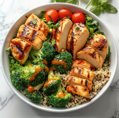 Poster - A bowl of Grilled chicken, quinoa, broccoli on a white marble background. top view.