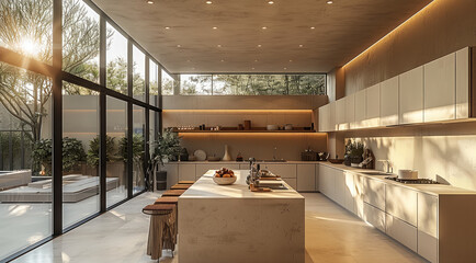 Poster - Modern kitchen high ceiling, light earthy colors, bright white walls, focused lighting on the work surface, and a large island.