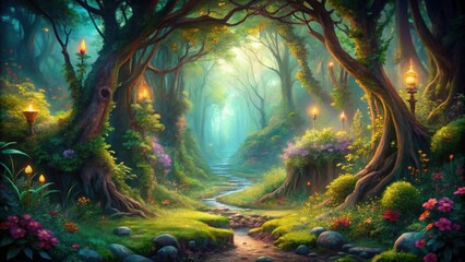 Poster - A Mystical Path Through a Luminous Forest, Where Ancient Trees Stand Tall, and Golden Lanterns Illuminate the Way, Leading to a Serene Stream Winding Through a Dreamy Landscape