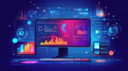 Digital workspace displaying data analytics and visualizations on multiple screens.
