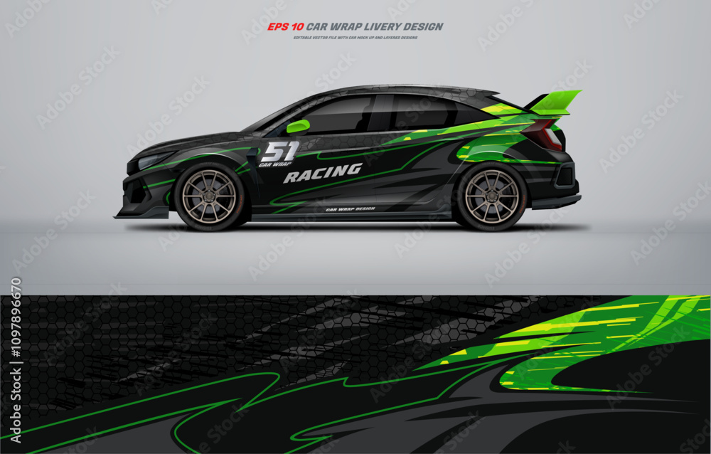 Sporty Car wrap livery design with elegant racing line theme with green ...