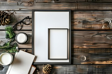 blank frames on wooden table at home