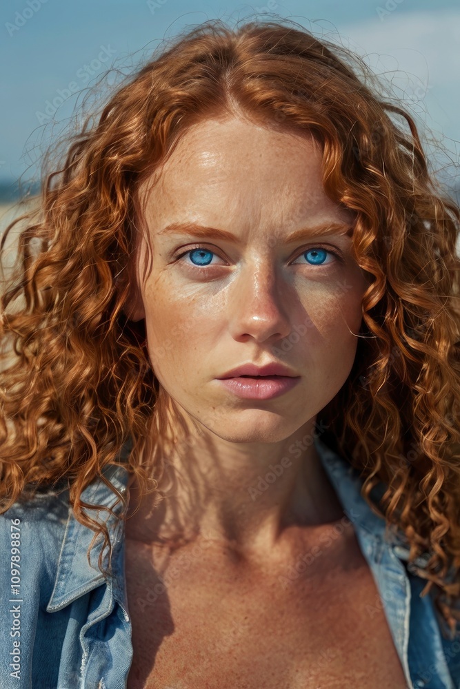blueeyed woman, blue eyes, long curly red hair, bluejean shorts