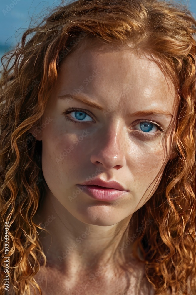 blueeyed woman, blue eyes, long curly red hair, bluejean shorts blueeyed woman, blue eyes, long curly red hair, bluejean shorts