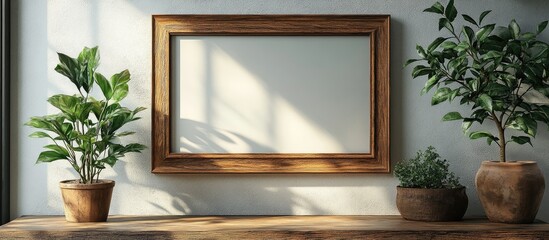 Wall Mural - Sleek wooden photo frame with houseplants on table showcasing minimalist interior design against a bright white wall