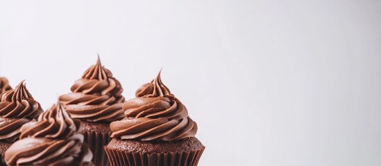 Wall Mural - Delicious chocolate cupcakes beautifully arranged on a clean white background inviting a sweet treat experience for dessert lovers.