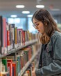 © Tadeusz - Young Asian woman browsing books in a library, wearing glasses and a denim jacket.