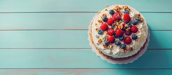 Wall Mural - Holiday-themed cake decorated with fresh berries and nuts on a light blue wooden table showcasing festive still life aesthetics.