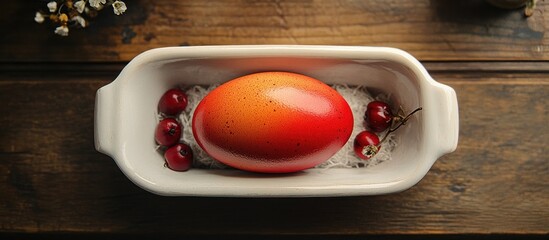 Canvas Print - Easter egg in flag colors presented in a white dish on rustic wooden tabletop with decorative elements for festive ambiance