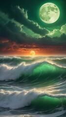 Sticker - Towering, photorealistic waves roll through a storm, their semi-transparent green waters glowing like liquid emeralds. A vibrant, golden moon pierces the crimson-streaked sky - generative ai