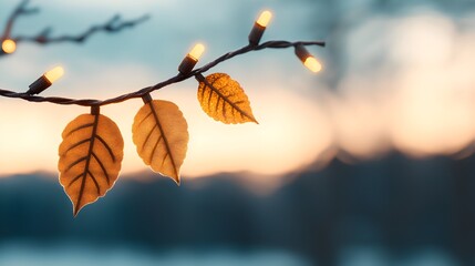 Wall Mural - Autumn leaves illuminated by glowing fairy lights