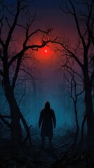 Wall Mural - A hauntingly eerie illustration of the manifestation of Horror's presence, depicted as a dark, misty figure looming in the shadows, with glowing red eyes that pierce through - generative ai