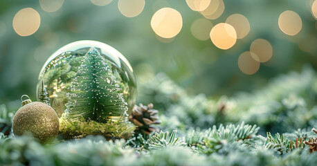 Aufkleber - Green background with sparkling glass ball and little Christmas tree.