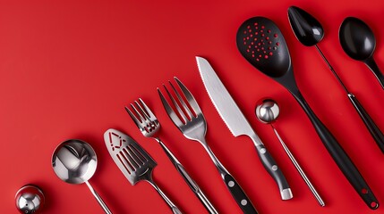 Wall Mural - A variety of kitchen utensils laid out on a red background, including spoons, forks, a knife, a spatula, a ladle, and a measuring spoon.