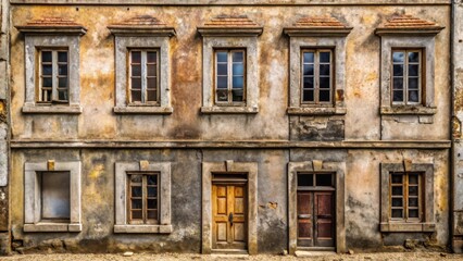Poster - Weathered facade with windows and doors, showcasing the passage of time and the enduring strength of architectural design